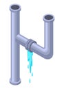 Leaking pipes isometric. Broken pipe tube with leaking water. Plumbing construction pipeline with damage element. 3d