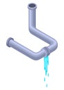 Leaking pipes isometric. Broken pipe tube with leaking water. Plumbing construction pipeline with damage element. 3d