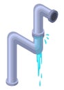 Leaking pipes isometric. Broken pipe tube with leaking water. Plumbing construction pipeline with damage element. 3d