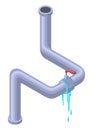 Leaking pipes isometric. Broken pipe tube with leaking water. Plumbing construction pipeline with damage element. 3d