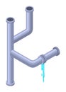 Leaking pipes isometric. Broken pipe tube with leaking water. Plumbing construction pipeline with damage element. 3d