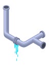 Leaking pipes isometric. Broken pipe tube with leaking water. Plumbing construction pipeline with damage element. 3d