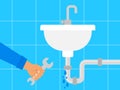 Leaking sink pipe with dripping water .plumber hand with wrench plumbing service vector Royalty Free Stock Photo