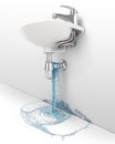 A leaking under the sink is splashing around on white background, water flow concept,