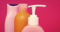 Leakproof. Closeup pump and flip cap bottles. Cosmetic bottles pink background. Toiletry packing
