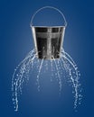 Leaky bucket with water on background
