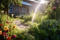 leaky hose creating mini rainbow in sunny garden Royalty Free Stock Photo