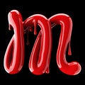 Leaky red alphabet on black background. Handwritten cursive letter M.