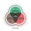 A Lean Six Sigma analysis venn diagram has 3 steps such as process and methodology, tools and techniques, mindset and culture. Royalty Free Stock Photo