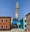 Leaning bell tower of Burano island, Venice, Italy