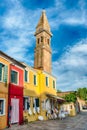 The leaning belltower of St Martin Church, Burano, Venice, Italy