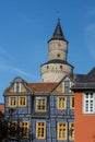 The Leaning House and Witches Tower in Idstein, Taunus, Hesse, Germany Royalty Free Stock Photo