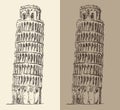 Leaning Tower of Pisa and Cathedral (Italy), vintage engraved illustration, hand drawn Royalty Free Stock Photo