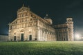 The leaning tower of pisa and cathedral at night. Starry sky. Royalty Free Stock Photo