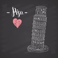Leaning Tower of Pisa hand drawn sketch with lettering. vector illustration on chalkboard background Royalty Free Stock Photo