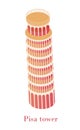 Leaning tower Pisa isometric. Old Italian architectural landmark in city Pisa antique tilted monument.