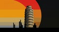 Leaning Tower Of Pisa: Mid-century Suprematism Illustration At Sunset