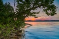 Leaning tree along the shoreline of Cave Run Lake, KY with setting sun Royalty Free Stock Photo