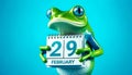 Leap Year Concept with Frog and Calendar on blue background