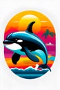 Leaping orca with a wide smile jumping out of the ocean generated by ai