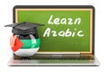 Learn Arabic concept with laptop blackboard, graduation cap