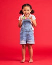 Learn blocks, education and portrait of child on red background for learning, reading and kindergarten. Child Royalty Free Stock Photo