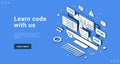 Learn code with us programming school internet advertising banner landing page isometric vector