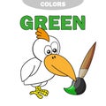 Learn colors- green. Coloring book page for preschool children with bird