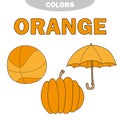 Learn colors - Orange. Worksheet. Game for kids - Education set. Vector Royalty Free Stock Photo