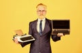 Learn it easy way. successful businessman use retro typewriter and modern laptop. man dyed beard hair. computer or Royalty Free Stock Photo