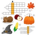 Learn English with an autumn crossword game for kids. Vector illustration