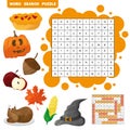 Learn English with an autumn word search game for kids. Vector illustration Royalty Free Stock Photo