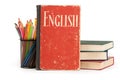 Learn English concept. School supplies and books