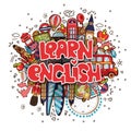 Learn English educational and travelling concept. Learning English vector cartoon illustration. Set of Fun cartooning Royalty Free Stock Photo