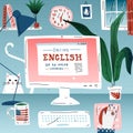 Learn english online education language. Workplace, desktop computer.