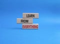 Learn from Everything symbol. Concept words Learn from Everything on wooden blocks. Beautiful blue background. Business and Learn Royalty Free Stock Photo