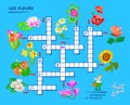 LEARN FRENCH. Crossword puzzle game with flowers. Educational page for children to study French language and words. Printable