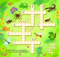 LEARN FRENCH. Crossword puzzle game with pictures. Illustration of insects. Educational page for children to study French language