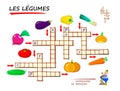 LEARN FRENCH. Crossword puzzle game with vegetables. Educational page for children to study French language and words. Printable