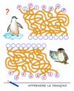 Learn French. Logic puzzle game with cute birds for study French language. Find correct places for letters, write them.