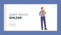 Learn French Online Landing Page Template. French Man Wear Red Beret and Striped T-shirt Hold Wine Bottle and Baguettes Royalty Free Stock Photo