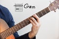 Man playing guitar chords displayed on Whiteboard, Chord G sharp minor G m Royalty Free Stock Photo