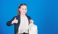 Learn how fit backpack correctly. Girl little fashionable cutie carry backpack. Kids fashion trend concept. Schoolgirl