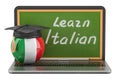 Learn Italian concept with laptop blackboard and graduation cap, 3D rendering