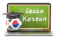 Learn Korean concept with laptop blackboard, graduation cap and