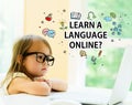 Learn a Language online text with little girl Royalty Free Stock Photo
