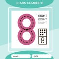 Learn number 8. Eight. Children educational game. Kids learning material. Counting game. Green background Royalty Free Stock Photo