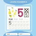 Learn number 5. Five . Children educational game. Kids learning material. Lets Trace number 5 and write. Counting game Royalty Free Stock Photo