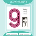 Learn number 9. Nine. Children educational game. Kids learning material. Counting game. Green background