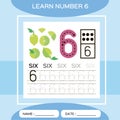 Learn number 6. Six . Children educational game. Kids learning material. Lets Trace number 6 and write. Counting game Royalty Free Stock Photo